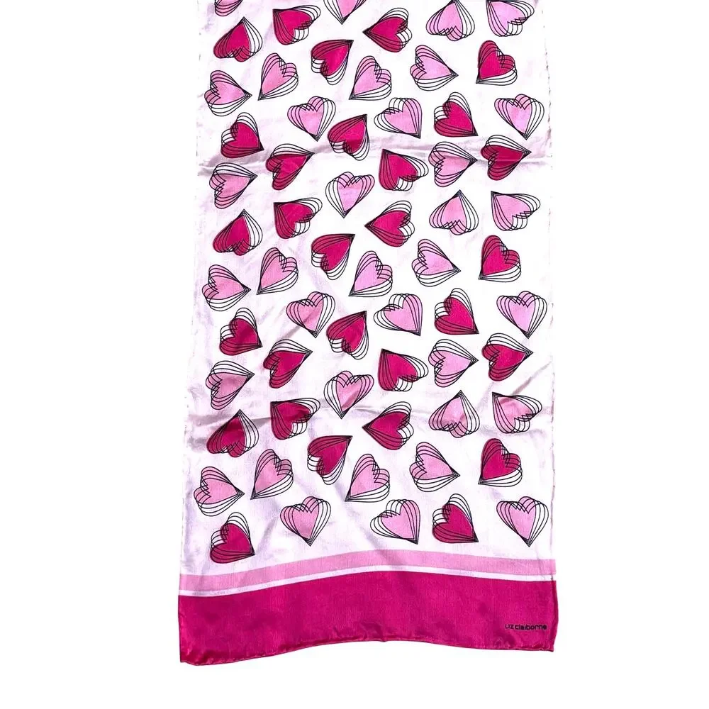 Vintage Liz Claiborne logo silk scarf shades of pink mod hearts long rectangle